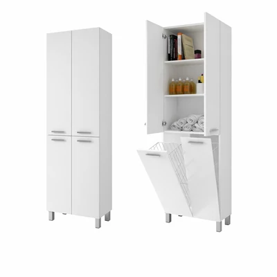 NORMANDIA 60 || bianco,  mobile bagno con cesto biancheria, vano contenitore e ripiani