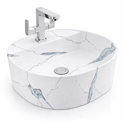 BERGAMO-M || lavabo da appoggio, ceramica, bianco, effetto marmo, arrotondato