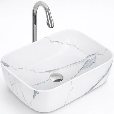 BERLIN-M || lavabo da appoggio, ceramica, bianco, effetto marmo, rettangolare