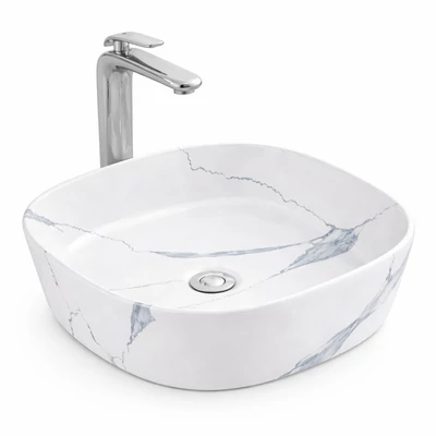 BERGAMO-M SLIM || lavabo da appoggio, ceramica, bianco, effetto marmo, arrotondato