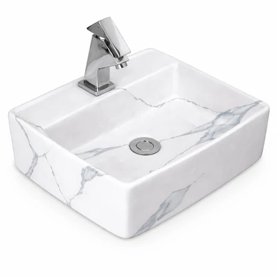 LINZ-M || lavabo da appoggio, ceramica, bianco, effetto marmo, quadrato