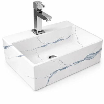 LEER-M || lavabo da appoggio, ceramica, bianco, effetto marmo, quadrato