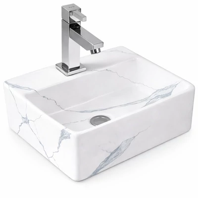 LAGE-M || lavabo da appoggio, ceramica, bianco, effetto marmo, quadrato