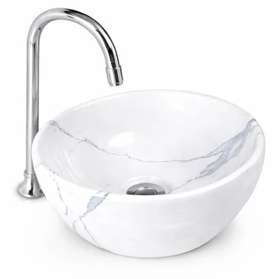 ASTI-M || lavabo profondo da appoggio, ceramica, bianco, effetto marmo, rotondo