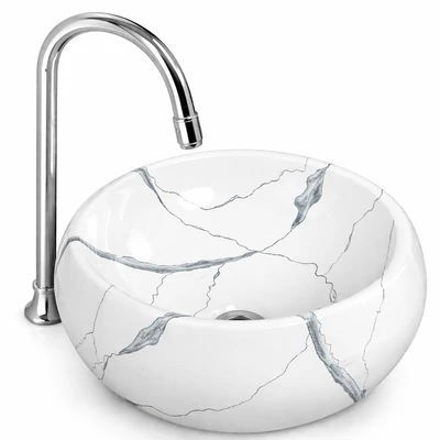 BARI-M || lavabo da appoggio, ceramica, bianco, effetto marmo, rotondo