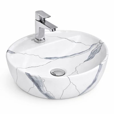MONTERO-M 40 || lavabo da appoggio, ceramica, bianco, effetto marmo, arrotondato