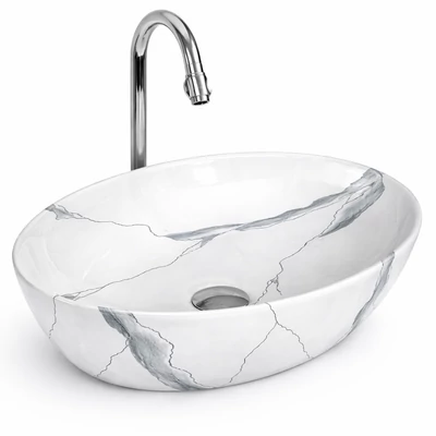 MONACO-M || lavabo da appoggio, ceramica, bianco, effetto marmo, ovale