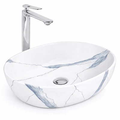 LIGNANO-M || lavabo da appoggio, ceramica, bianco, effetto marmo, ovale