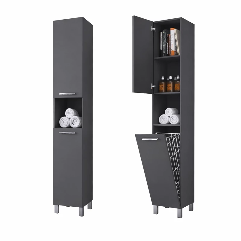 NORMANDIA 30 || Grigio antracite opaco, mobile bagno con cesto biancheria, vano contenitore e ripiani