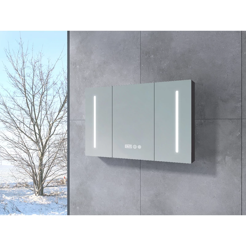 Vicenza || Grigio antracite opaco, armadietto a specchio a tre ante con illuminazione LED 100 cm