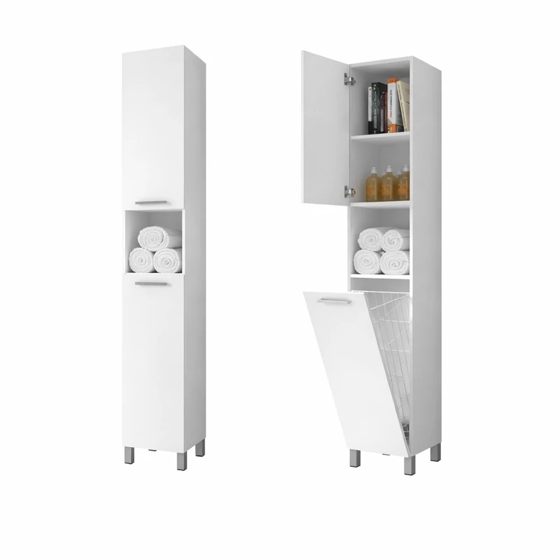 NORMANDIA 30 || bianco,  mobile bagno con cesto biancheria, vano contenitore e ripiani