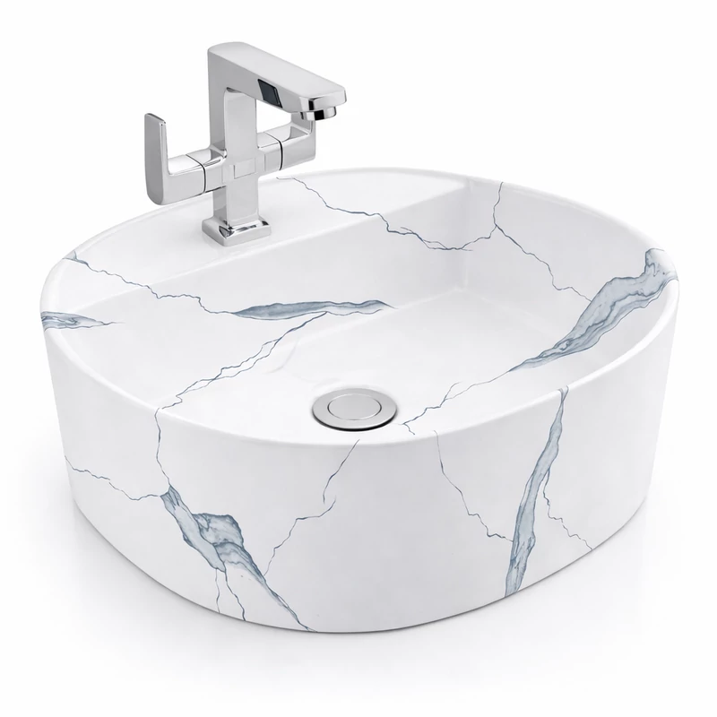 BERGAMO-M || lavabo da appoggio, ceramica, bianco, effetto marmo, arrotondato