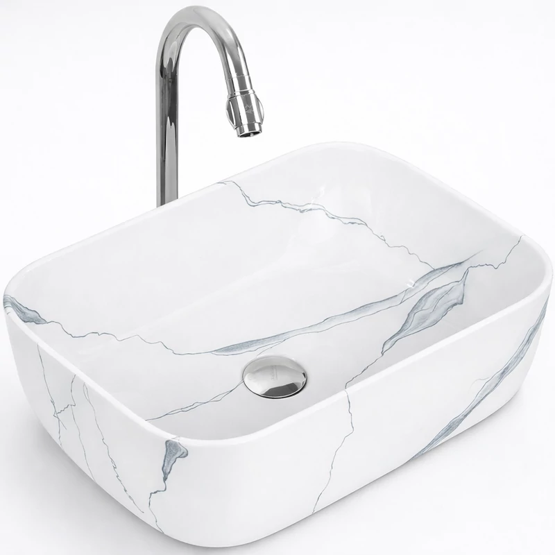 BERLIN-M || lavabo da appoggio, ceramica, bianco, effetto marmo, rettangolare