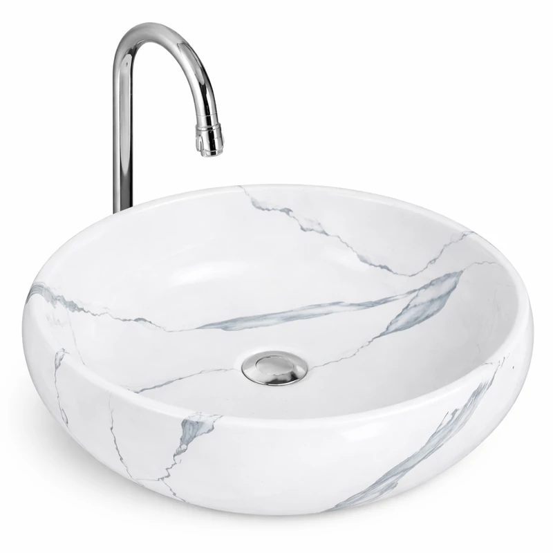 MERANO-M || lavabo da appoggio, ceramica, bianco, effetto marmo, ovale