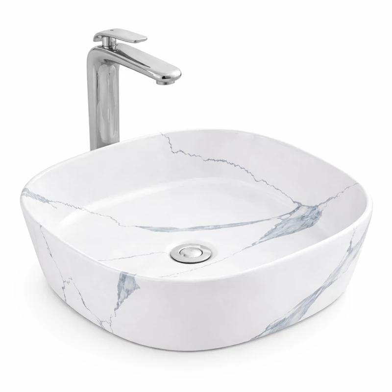 BERGAMO-M SLIM || lavabo da appoggio, ceramica, bianco, effetto marmo, arrotondato
