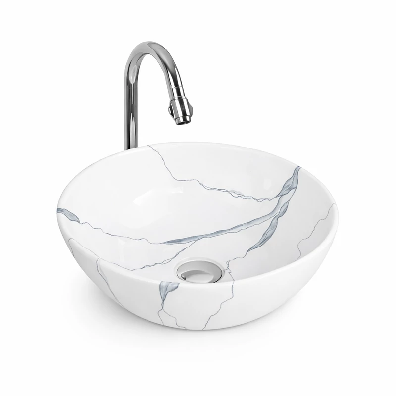 PARMA-M || lavabo da appoggio, ceramica, bianco, effetto marmo, rotondo