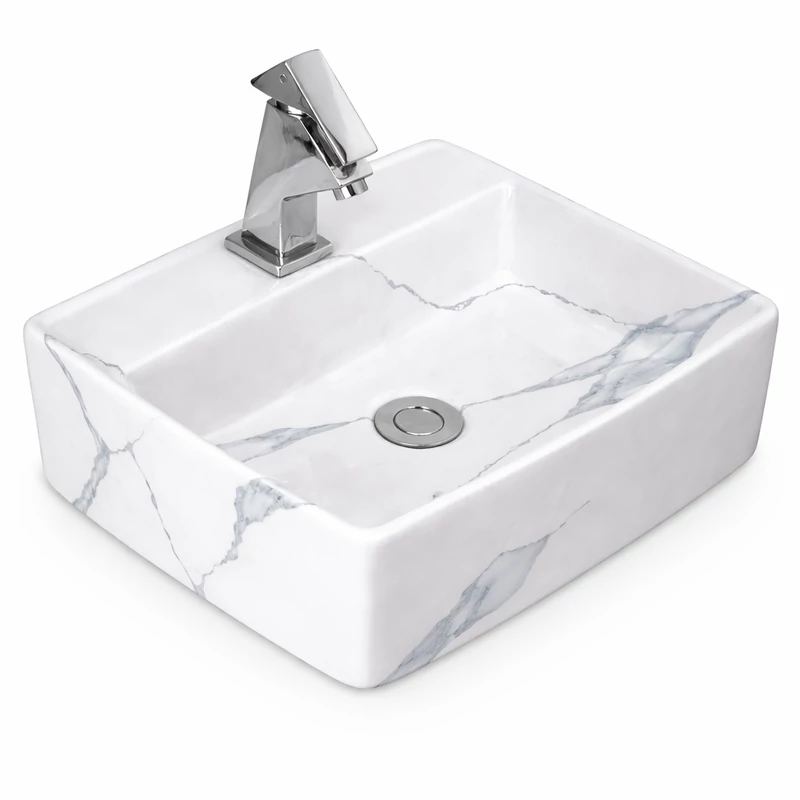 LINZ-M || lavabo da appoggio, ceramica, bianco, effetto marmo, quadrato