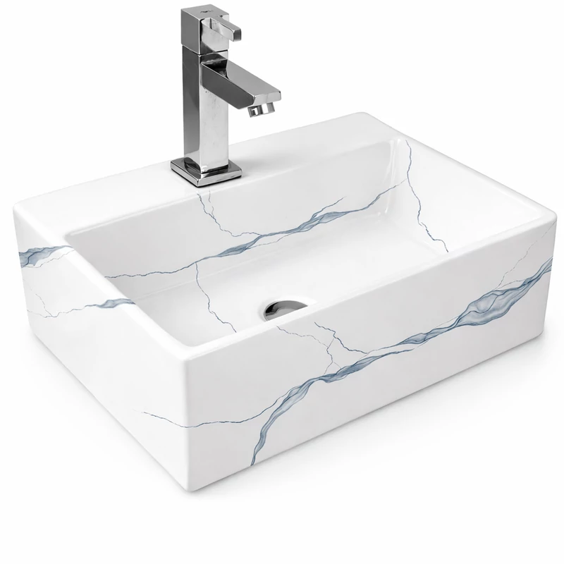 LEER-M || lavabo da appoggio, ceramica, bianco, effetto marmo, quadrato