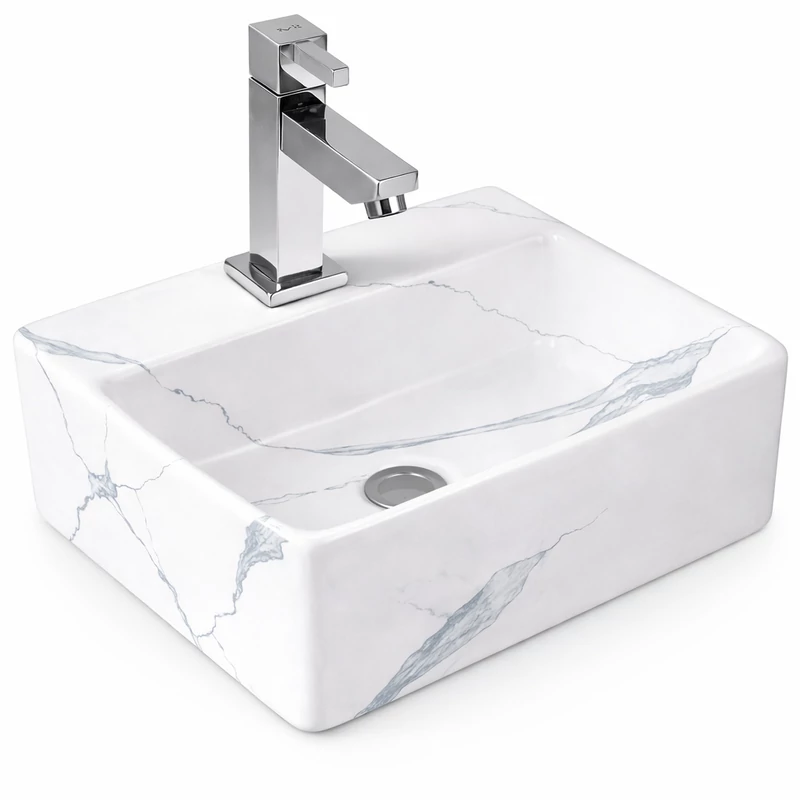 LAGE-M || lavabo da appoggio, ceramica, bianco, effetto marmo, quadrato