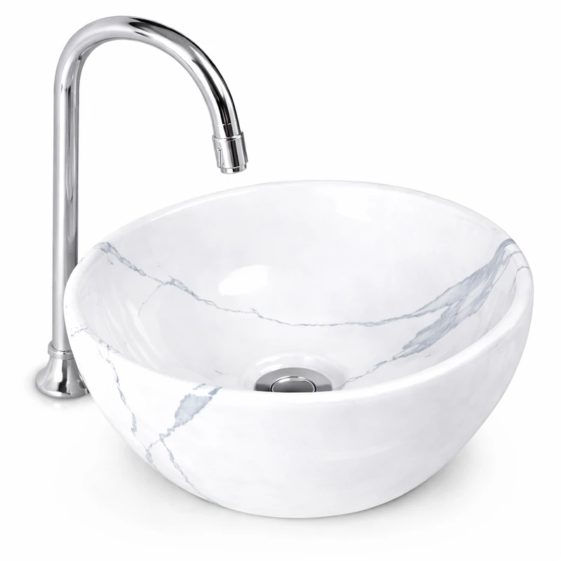ASTI-M || lavabo profondo da appoggio, ceramica, bianco, effetto marmo, rotondo