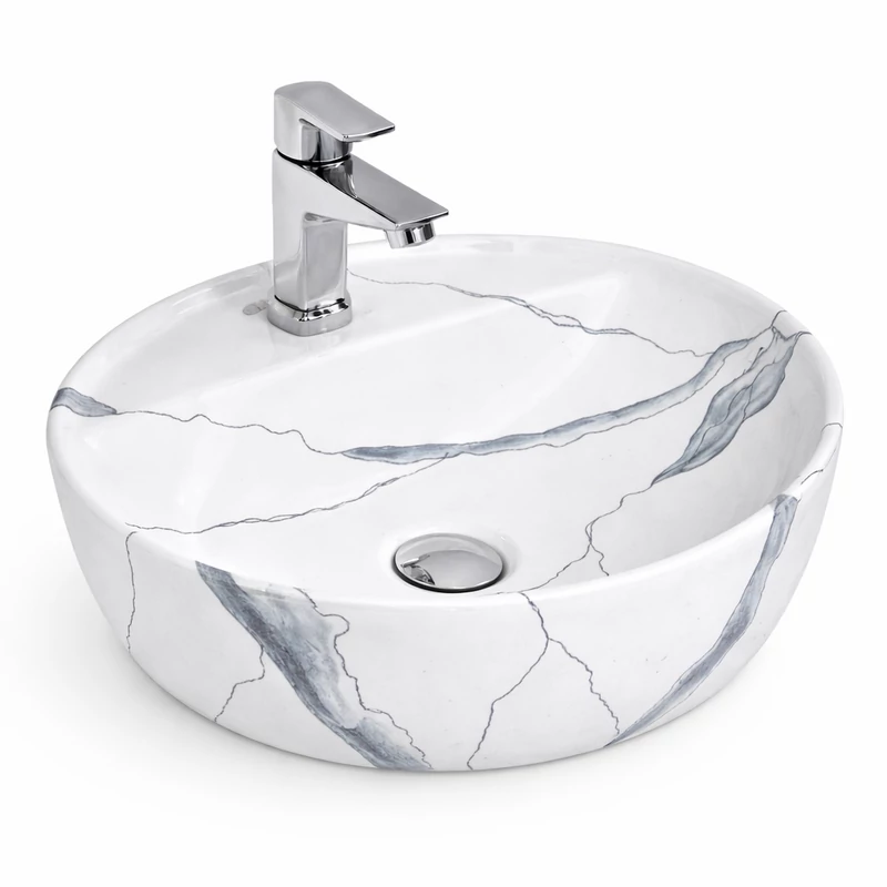 MONTERO-M 40 || lavabo da appoggio, ceramica, bianco, effetto marmo, arrotondato