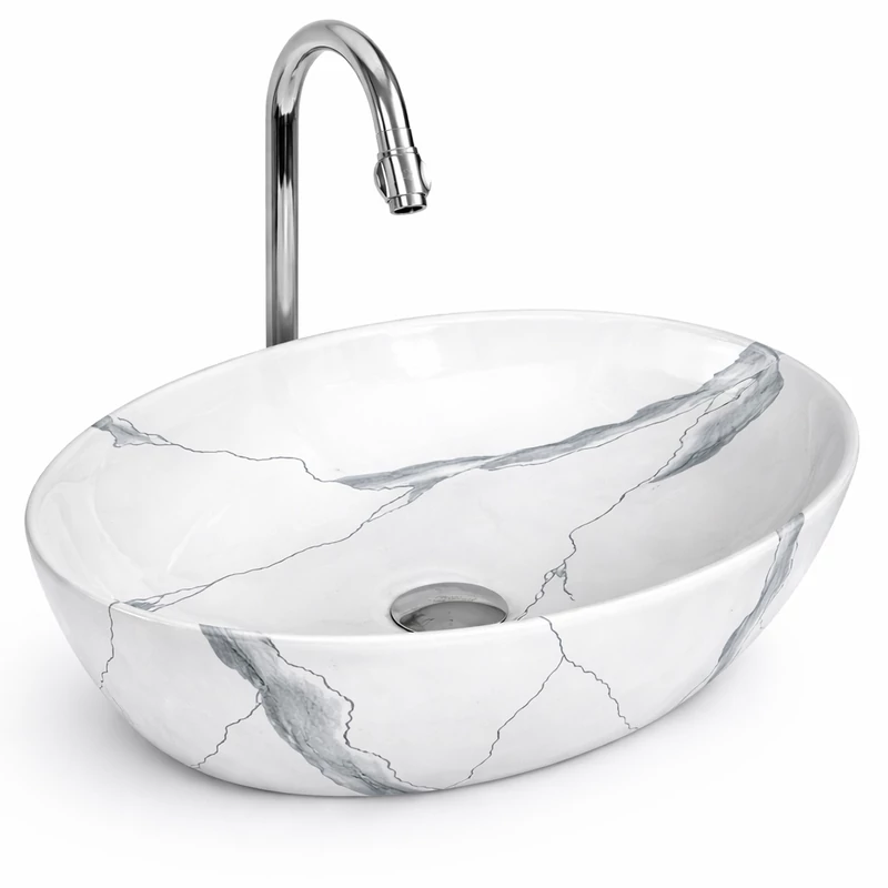 MONACO-M || lavabo da appoggio, ceramica, bianco, effetto marmo, ovale