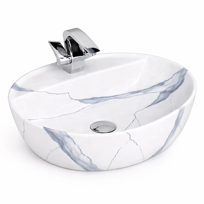 MONTERO-M 50 || lavabo da appoggio, ceramica, bianco, effetto marmo, arrotondato