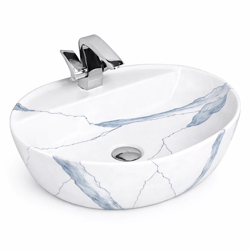 MONTERO-M 60 || lavabo da appoggio, ceramica, bianco, effetto marmo, arrotondato